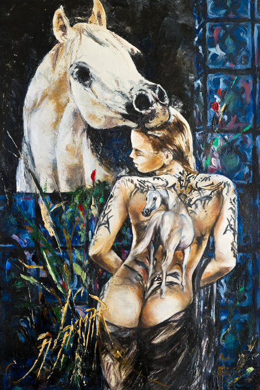 Palette Knife Oil Painting on Canvas of "Bath with Arabian" 36"x24" With Frame