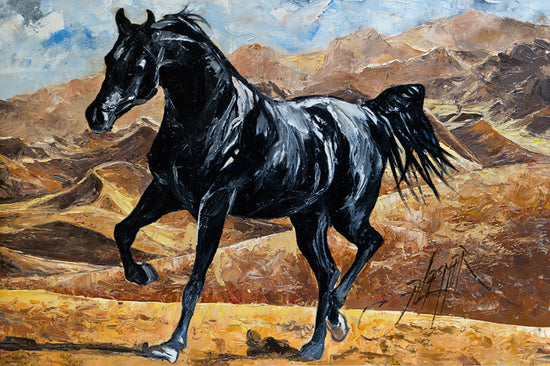Palette Knife Oil Painting on Canvas of "Thee Onyx. Black Arabian " 24"x36" SOLD
